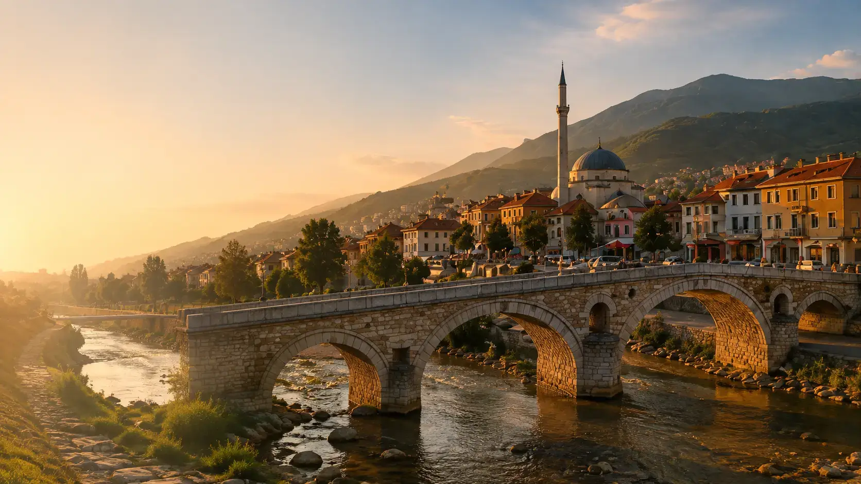 Prizreni, Kosovë, me urën e gurit dhe qytetin e vjetër